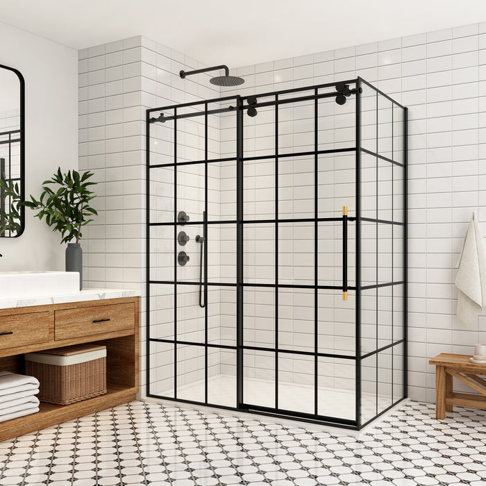 60x78 Lagom Sliding Shower Enclosure – Frameless Matte Black Tempered Glass Panel