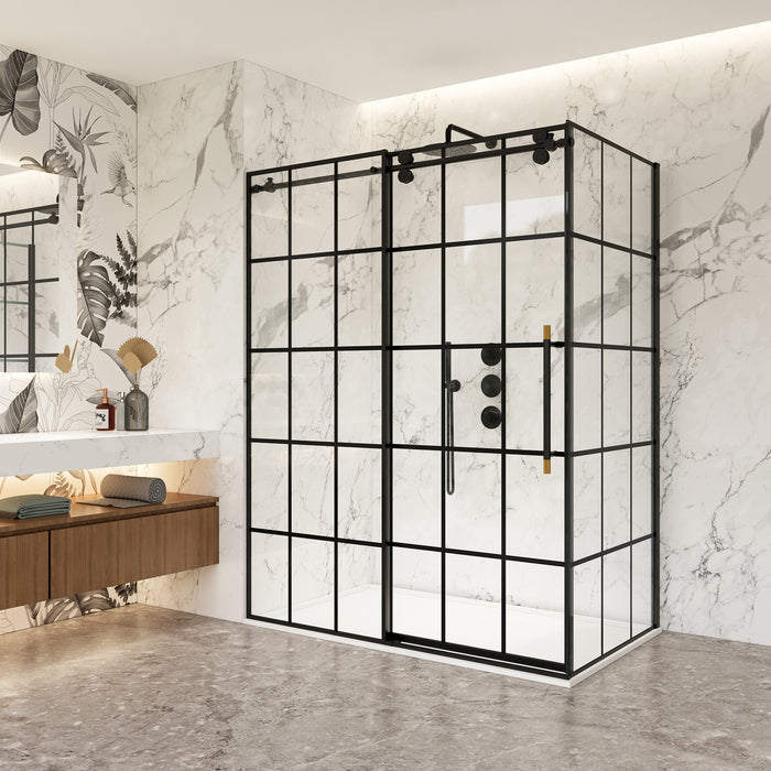60x78 Lagom Sliding Shower Enclosure – Frameless Matte Black Tempered Glass Panel