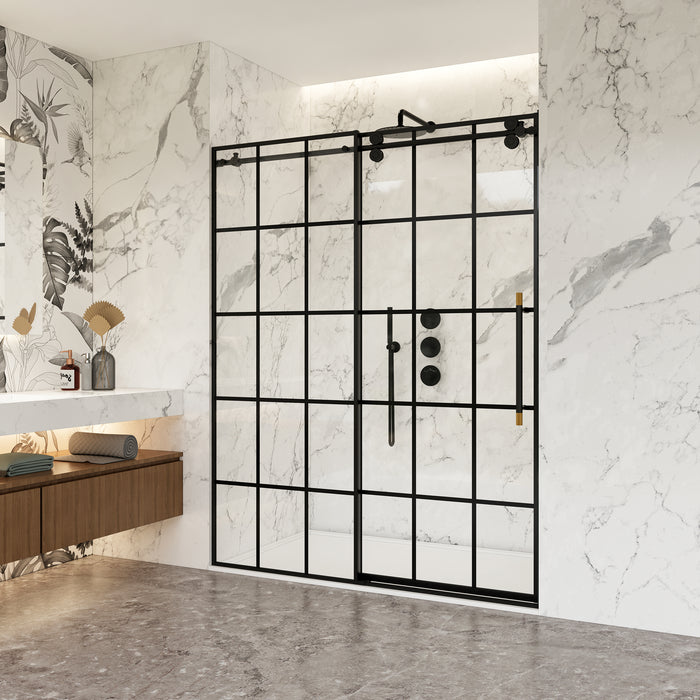 64"W Larkspur Matte Black Sliding Shower Door – Frameless Modern Bathroom Entry