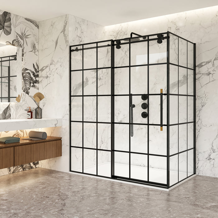 68x78 Lichen Sliding Shower Enclosure – Matte Black Frame, Modern Frameless Look