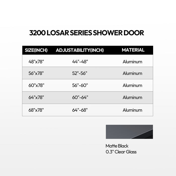 Yarrow Matte Black Frameless Shower Door – 56 Inch Slide