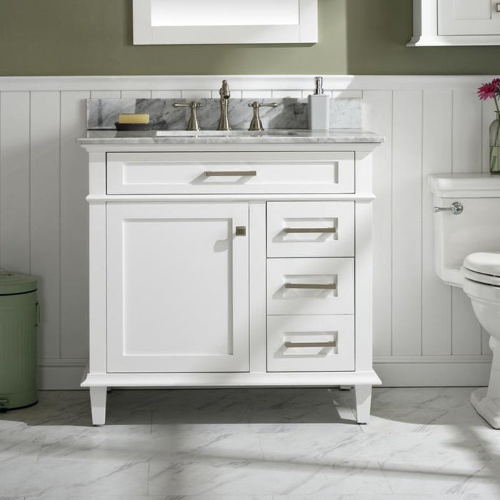 Mozaika 36" White Bathroom Vanity with Carrara Marble Countertop, Ceramic Sink & Tilt-Out Tray