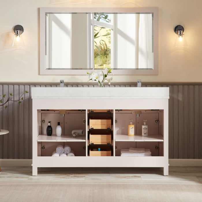 Cassandra 60" Solid Wood Bathroom Vanity White Finish Undermount Sink & Stone Top