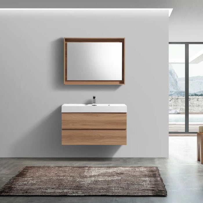 Adrin 36" Honey Oak Wood Wall Mount Modern Bathroom Vanity – European Soft-Close Drawers & Single Hole Faucet