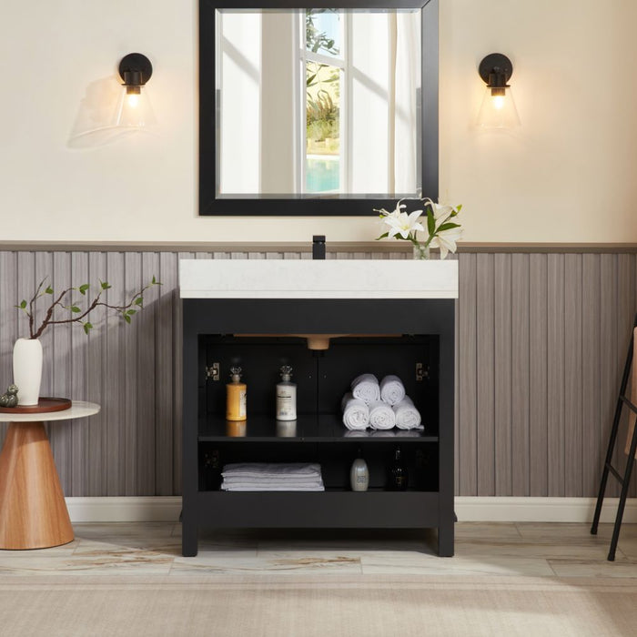 36" Solid Wood Elizabeth Collection Bathroom Vanity Tricorn Black Finish with Artificial Stone Top