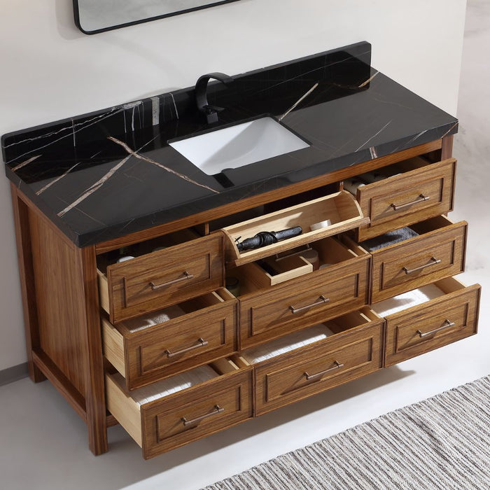 Pandora 60" Single Sink Vanity Black Natural Marble – Traditional Wood Bathroom Cabinet