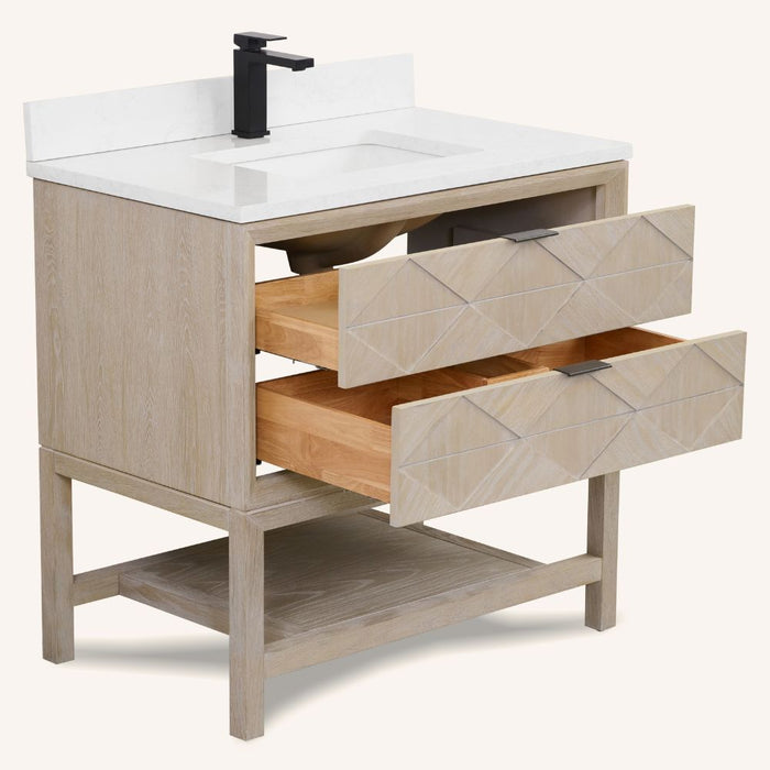 Harding 36" Whitewashed Oak Wood Vanity with White Stone Top - 2 Drawer Bathroom Cabinet