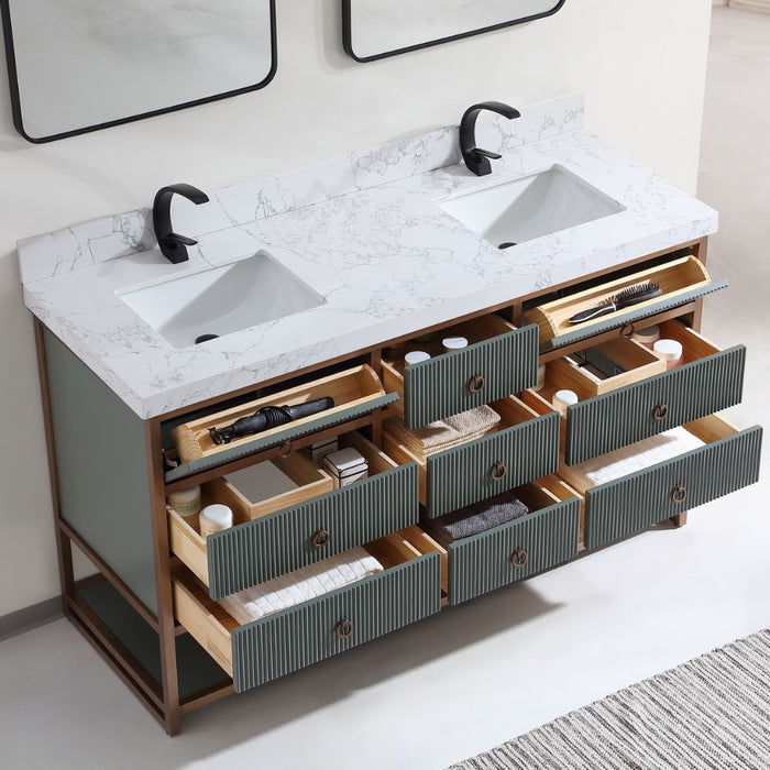 Apollonia 72" Double Bathroom Vanity in Pewter Green Oak – Contemporary Style with Stainless Steel Frame & 2" Artificial Stone Top