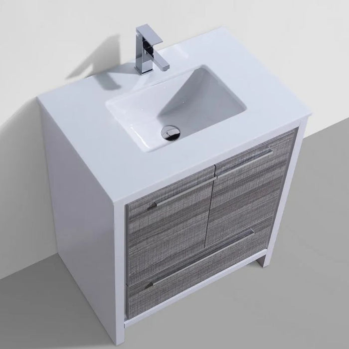 Dominique 30" Ash Gray Wood Veneer Bathroom Vanity – Modern Style with White Quartz Countertop