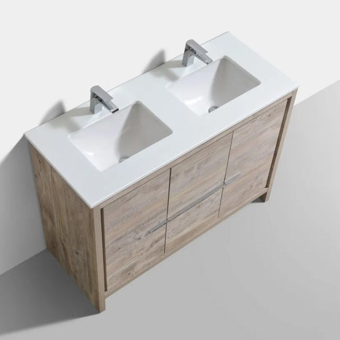Brevin 48" Nature Wood Double Vanity Cabinet – Modern Bathroom Vanity with White Quartz Top & Soft-Close Hardware