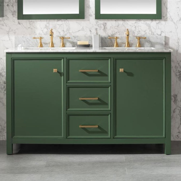 Monte 54" Green Wood Double Vanity Cabinet - With White Carrara Marble Top