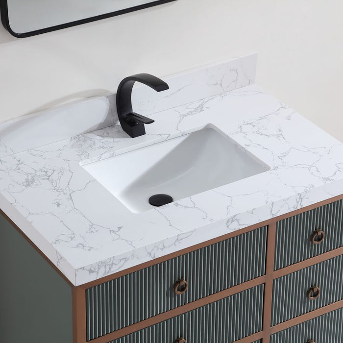 Napoleon Contemporary 36" Pewter Green Golden Brush Vanity Cabinet – Solid Oak Frame with White Ceramic Sink & Stone Top