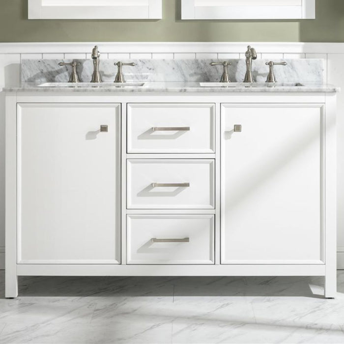 Barnstorm 54" White Modern Double Sink Bathroom Vanity with Carrara Marble Top & Storage Drawers