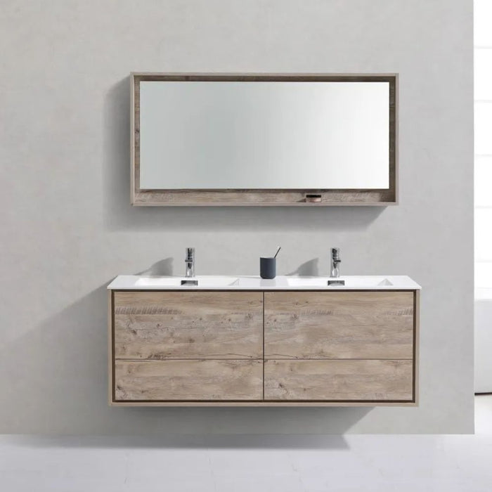 Odilia Nature Wood 60" Wall Mount Double Sink Vanity – Modern Bathroom Vanity with 4 Drawers