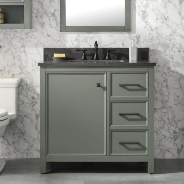 Sohan 36" Single Sink Vanity in Pewter Green - Blue Limestone Top, Pre-Drilled, 3 Drawers with Organizer