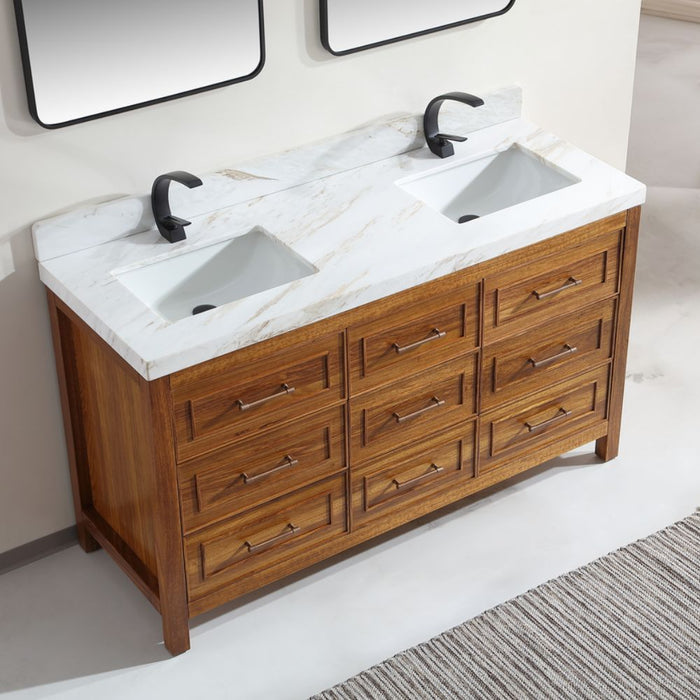 Marya Ebony Wood 60" Double Sink Bathroom Vanity – Modern Style with White Marble Top and Soft-Close Storage