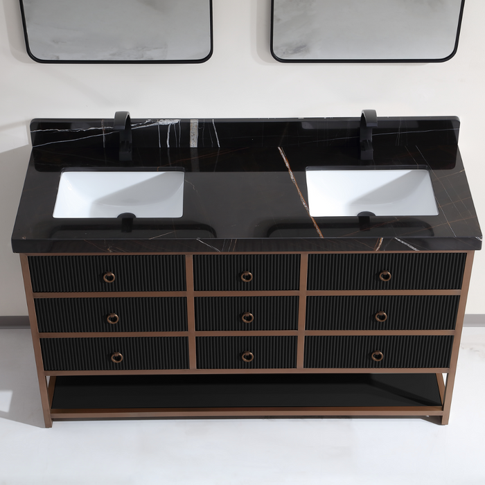 Kimberly 60" Double Bathroom Vanity Tricorn Black Finish - Stainless Steel Frame with 7 Drawers