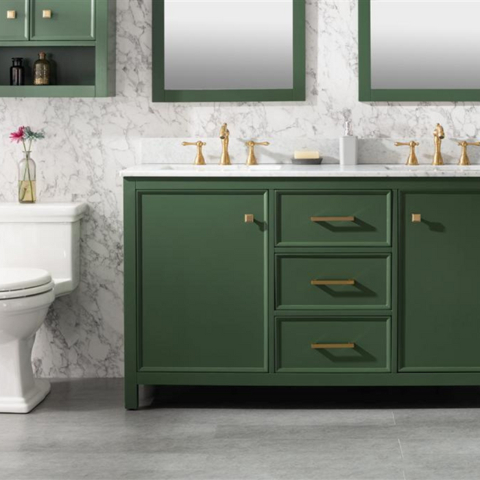 60" Seva Green Finish Double Sink Bathroom Vanity Cabinet with Carrara White Marble & 3 Drawers