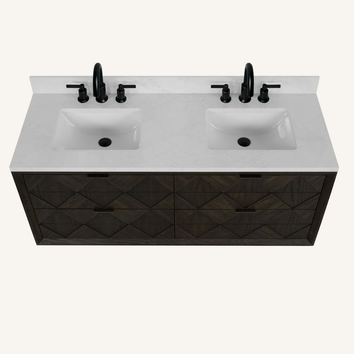 Honore 60" Brown Oak White Stone Bathroom Vanity – Premium 4-Drawer with 1" Thick Countertop