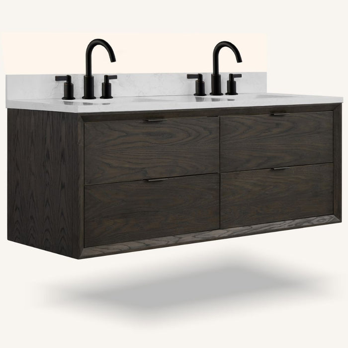 Sava 60" Brown Oak Vanity Cabinet with White Artificial Stone Top – 3-Hole Faucet Ready