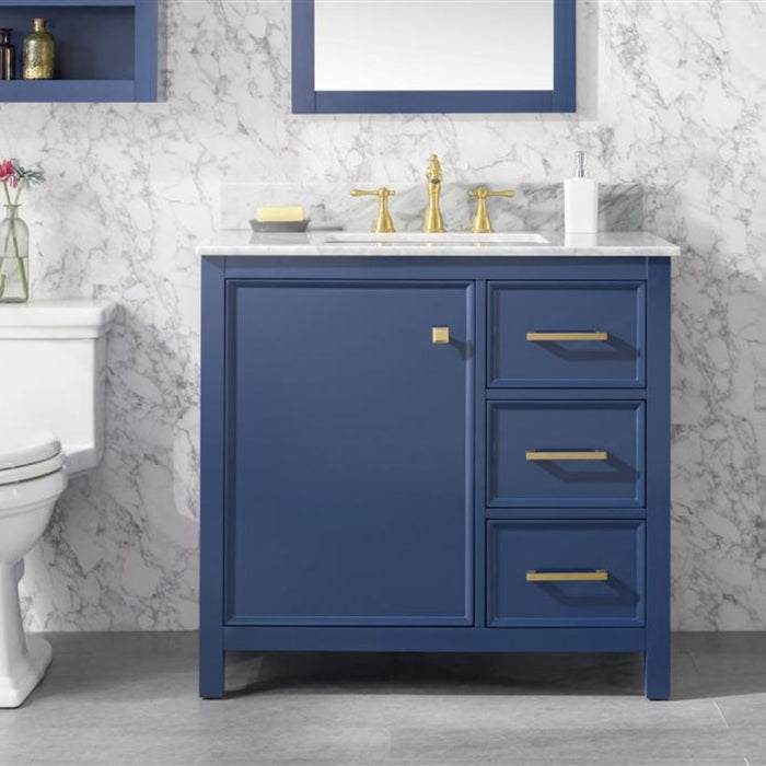 Estra 36" Blue Wood Vanity Cabinet with White Carrara Marble Top and Ceramic Sink - Modern 3-Drawer Design