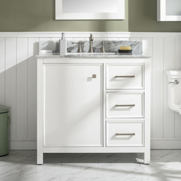 Calirette 36" White Single Sink Vanity with Carrara White Marble Top - 3 Drawer Storage
