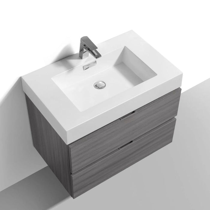 Vulcan Bliss 30" Vulcan Ash Grey Wood Veneer Wall Mount Bathroom Vanity – Modern Style with Soft-Close Drawers
