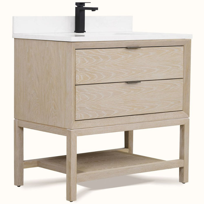 Warren 36" Oak Bathroom Vanity with Drawer - Whitewashed Finish Single Sink Vanity with White Stone Top