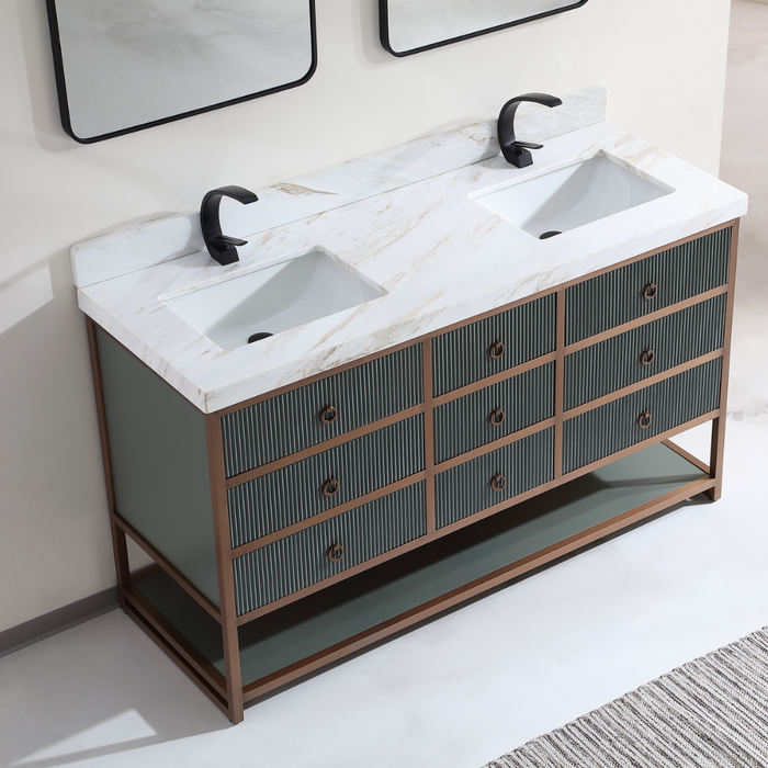 60" Double Vanity Stainless Steel Golden Brush Frame – Contemporary Pewter Green 2" White Marble Top 9 Drawers