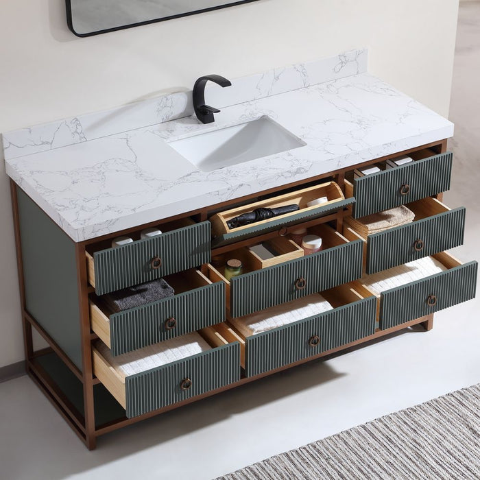 Lorelle 60" Single Pewter Green Wooden Bathroom Vanity - Golden Brush Steel Frame 8-Drawer Storage