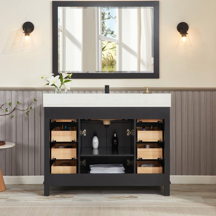 Haversham 48" Tricorn Black Free-Standing Single Vanity - Solid Wood Construction with 8 Dovetail Drawers & Stone Top