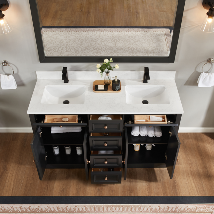 Louvain 60" Tricorn Black Freestanding Bathroom Vanity with Stone Countertop and Soft-Close Drawers