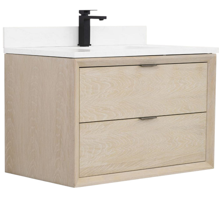 Flax 36" Whitewashed Oak Vanity Cabinet - White Artificial Stone Top with Rectangle Basin & Soft Close Drawers