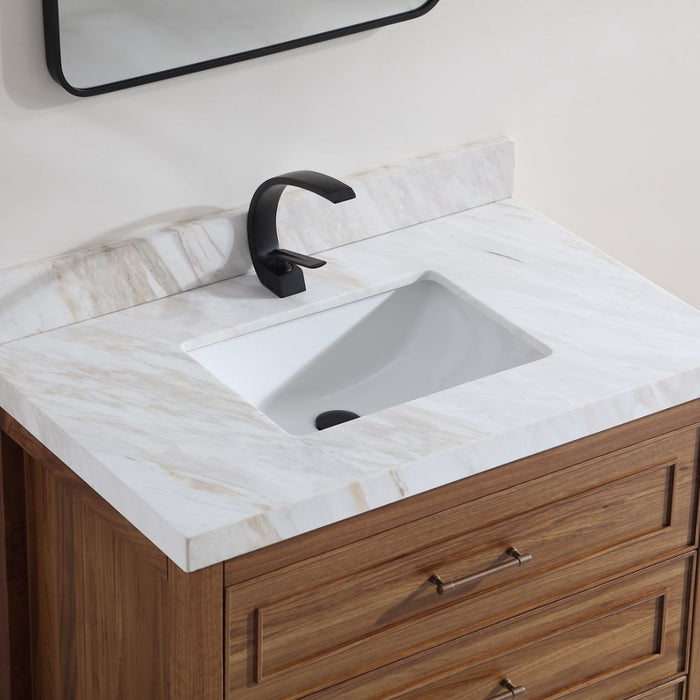 36" White Natural Marble Bathroom Vanity - Contemporary Wood Frame with Ceramic Sink