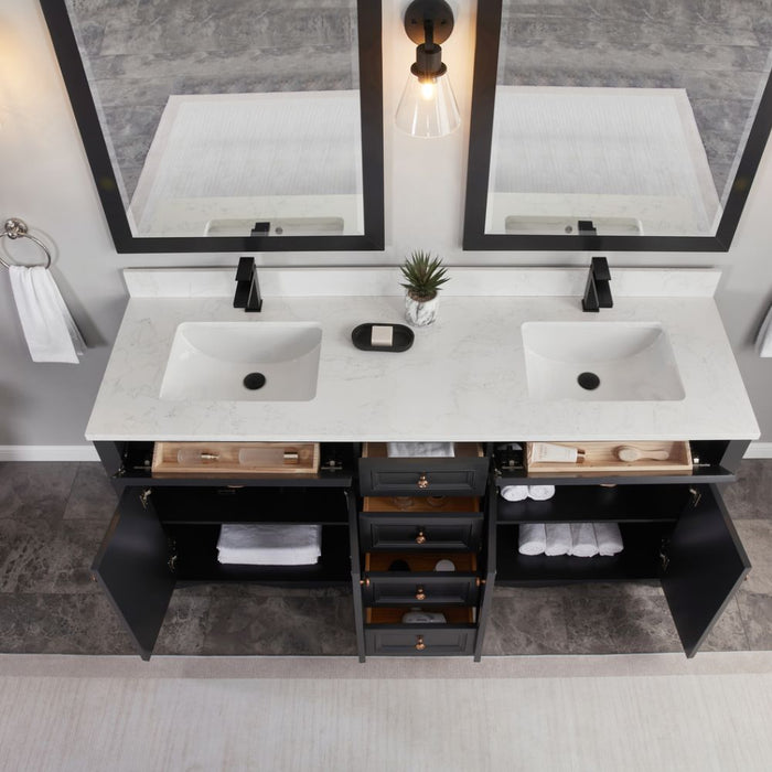 Isidora 72" Tricorn Black Bathroom Vanity Cabinet Solid Wood Construction Double Sink with Stone Top