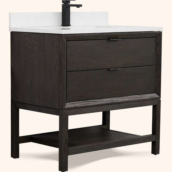 Adkin 36" Brown Oak Finish Bathroom Vanity – 1" Thick Artificial Stone Countertop