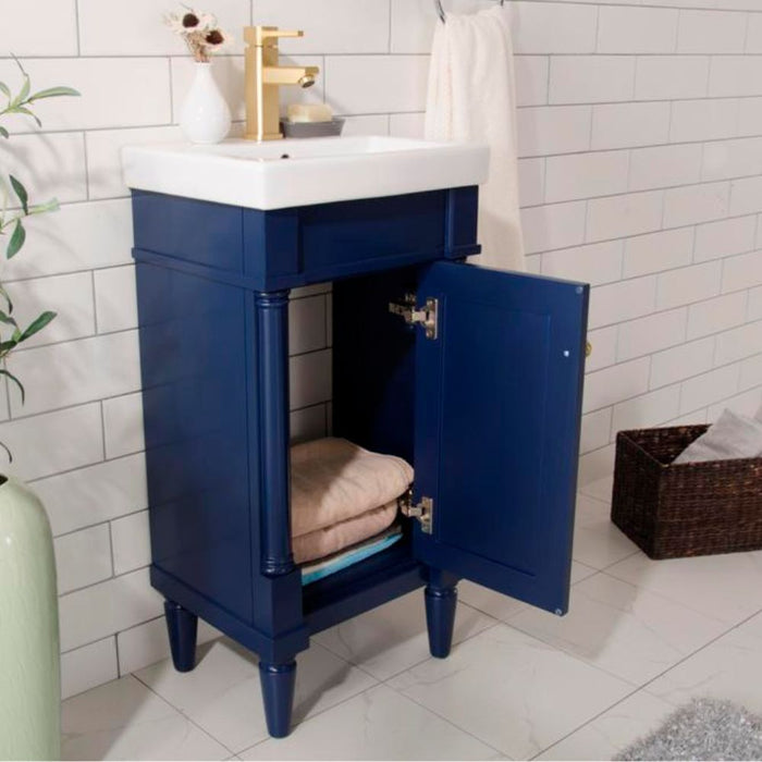 Amara 18" Blue Single Door Vanity with White Ceramic Top - Modern Bathroom Sink Cabinet