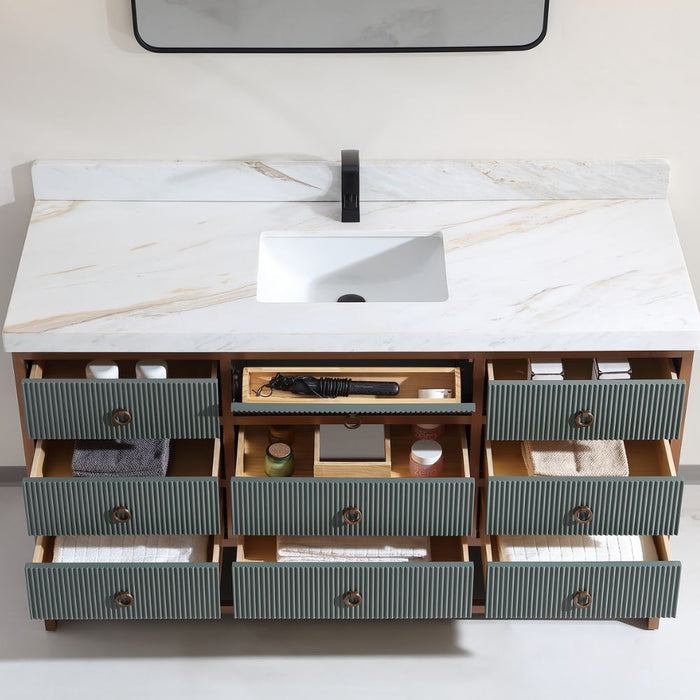 Annetha 60" Single Vanity Pewter Green Golden Brush Stainless Steel Frame – Modern Bathroom Vanity with 2" White Natural Stone Top