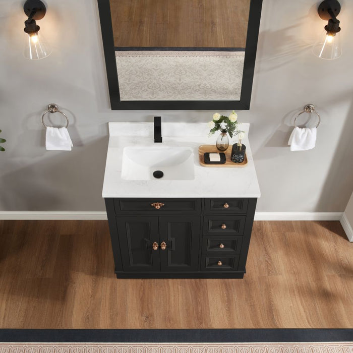 Tritan 36" Solid Wood Tricorn Black Bathroom Sink Vanity with Soft-Close Doors & Stone Countertop