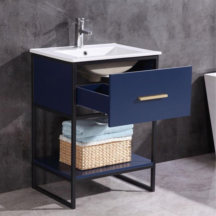 24" Modern Blue Bathroom Vanity - PVC Frame with White Ceramic Top & Single Drawer