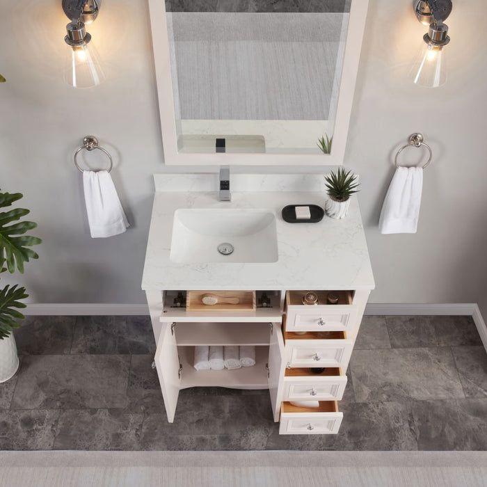 Rainier 36" Dreamy White Finish Bathroom Vanity with Artificial Stone Countertop & Dovetail Drawers