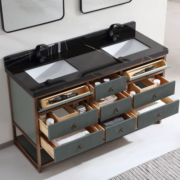 Marlisa 72" Pewter Green Solid Oak Double Vanity – Contemporary Industrial Style with Golden Brush Steel Frame