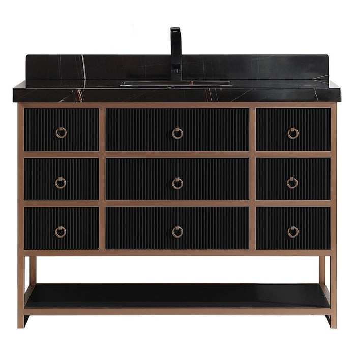 Kirchem 48" Modern Bathroom Vanity - Golden Brush Steel Frame Tricorn Black with Natural Stone Top