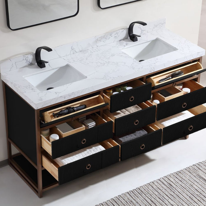 Kalinda 72" Modern Double Bathroom Vanity – Tricorn Black Golden Steel Frame White Stone Top