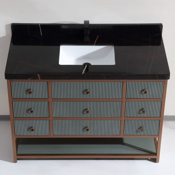 Loafey Steel 48" Pewter Green Bathroom Vanity Cabinet – Modern Golden Brush Frame with Black Marble Top and White Ceramic Sink