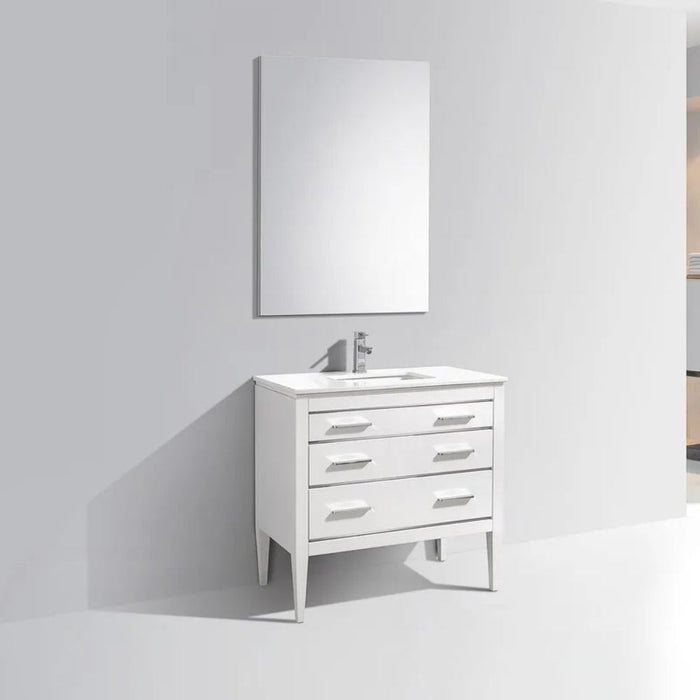 Abrea 36" High Gloss White Solid Wood Bathroom Vanity – Art Deco Style with Quartz Countertop