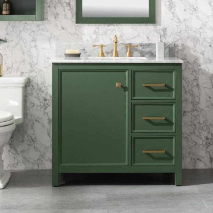 36" Luminescence Green Finish Bathroom Vanity - Carrara Marble Countertop with Ceramic Sink & Soft-Close Drawers