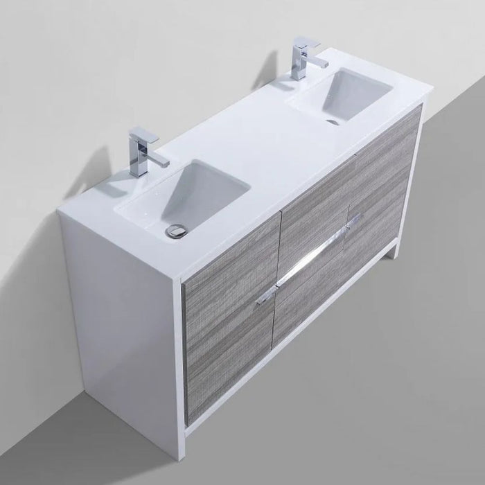 Emmie 60" Ash Gray Modern Bathroom Vanity with Double Sink – White Quartz Counter and Soft Close Drawers