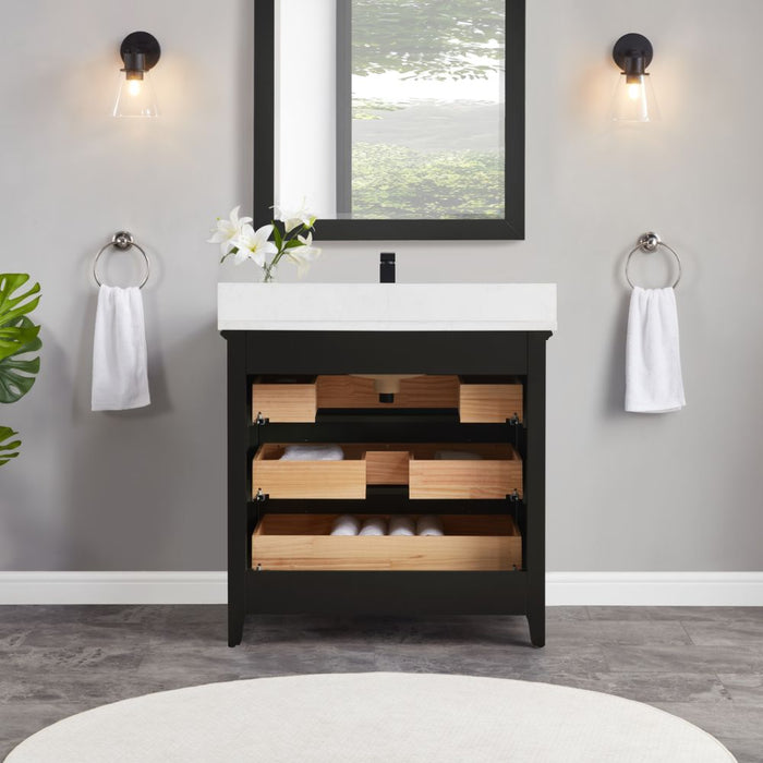 Zaira 36" Solid Wood Vanity – Matte Black Bathroom Cabinet with Artificial Stone Countertop