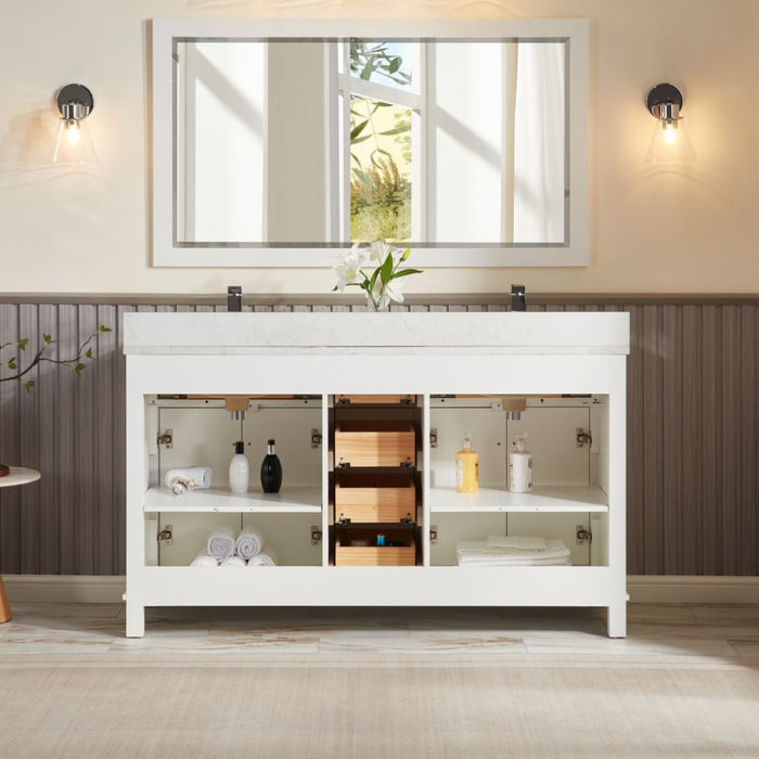 Miren 60" White Classic Solid Wood Bathroom Vanity with Artificial Stone Top, 6 Drawers & 4 Doors